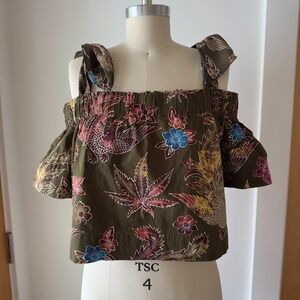 Sandro Paris Cold Shoulder Jungle Floral Crop Swing Top-Cotton Silk-Green-Sz US6
